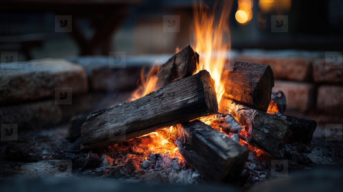 Cozy campfire burning with wooden logs  creating warm and inviting atmosphere for relaxation and gathering