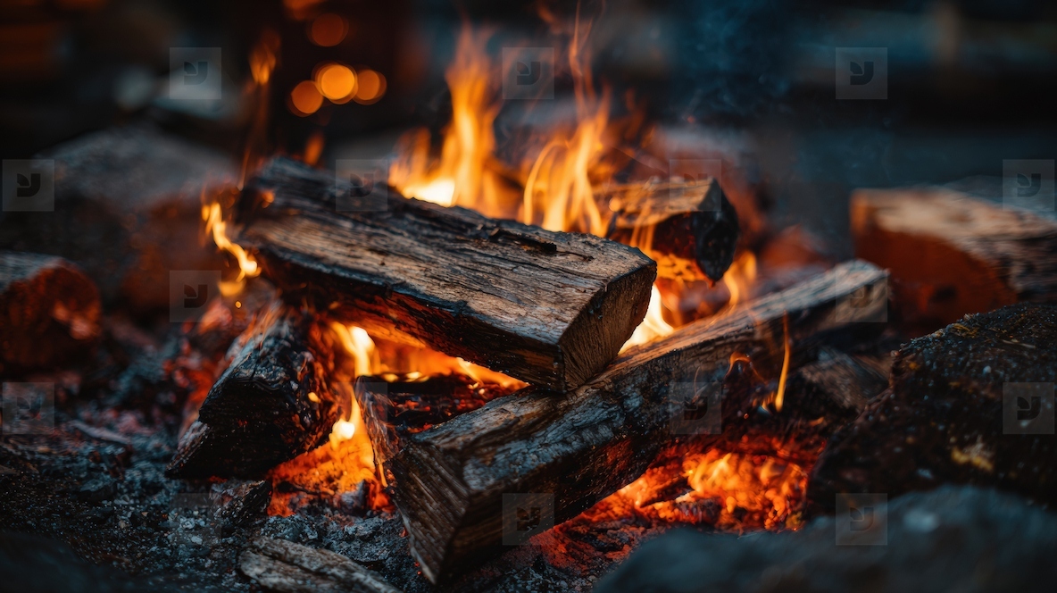 Cozy campfire burning with wooden logs  creating warm and inviting atmosphere for relaxation and gathering