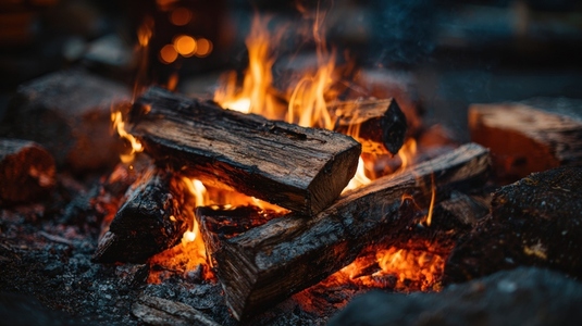 Cozy campfire burning with wooden logs  creating warm and inviting atmosphere for relaxation and gathering