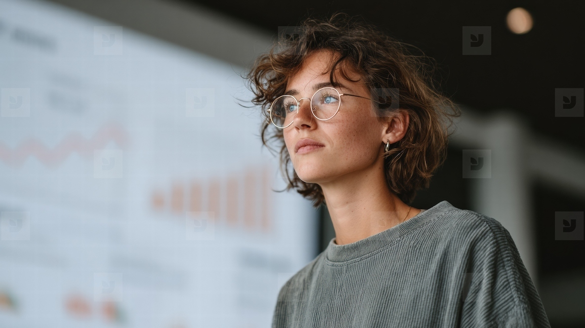 Businesswoman analyzing sales growth chart with focus and determination showcasing professional environment and data driven