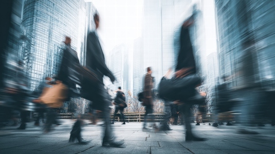 Urban environment with blurred motion of people walking in business district showcasing dynamic city life Urban environment with blurred motion of people walking in business district showcasing dynamic city life