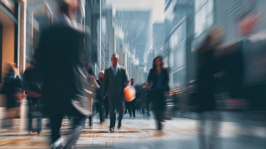 Blurry city street with people walking quickly  showcasing busy urban atmosphere filled with motion and energy