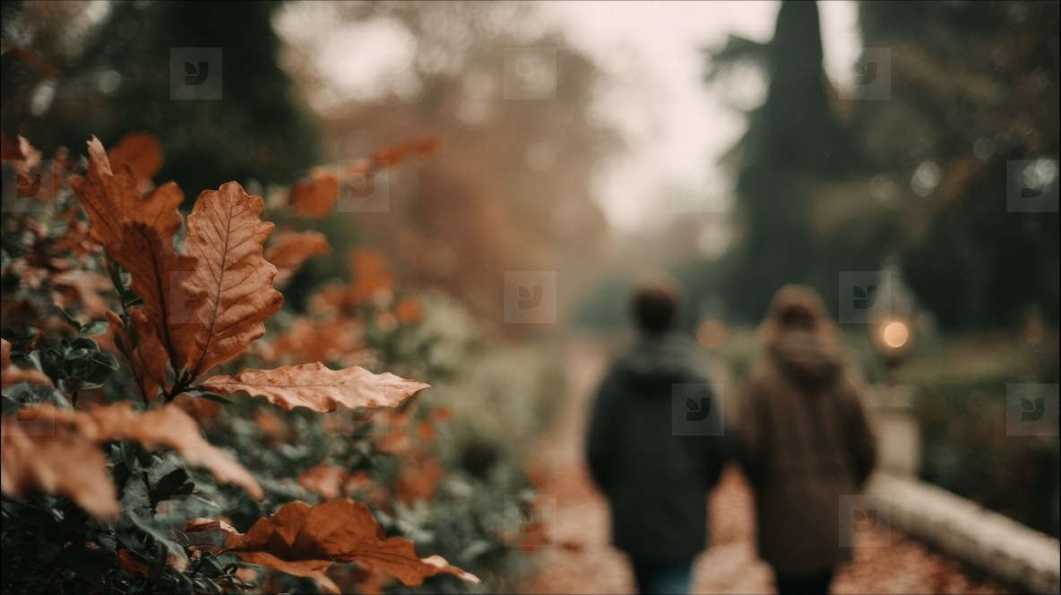 Couples walking in park surrounded by autumn leaves  creating romantic atmosphere