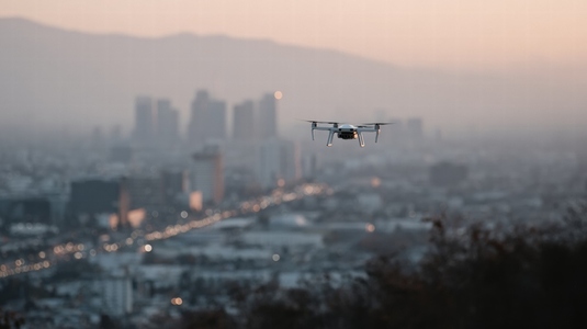 Autonomous delivery drone flying over city skyline at dusk  showcasing urban landscape and technology in harmony