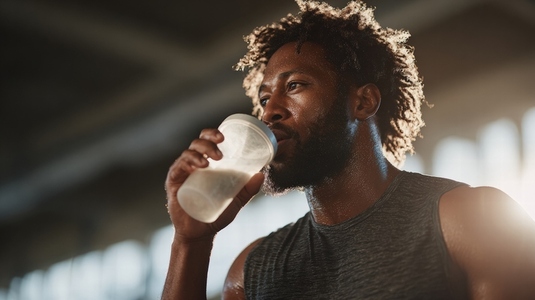 Athlete drinking protein shake after workout  showcasing determination and focus in gym environment
