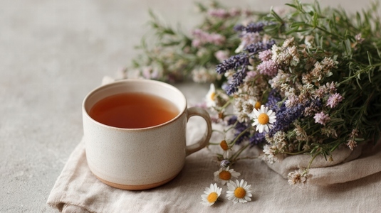 Calming herbal tea setup featuring cup of tea alongside bouquet of lavender and chamomile flowers  evoking tranquility