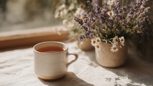 Cozy setup featuring cup of herbal tea beside vase of lavender and daisies  evoking sense of tranquility and warmth