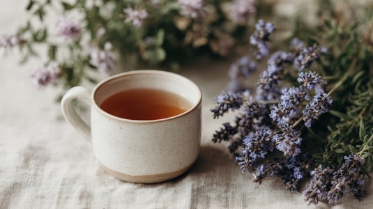 Calming cup of herbal tea sits beside fresh lavender flowers  creating serene atmosphere perfect for relaxation