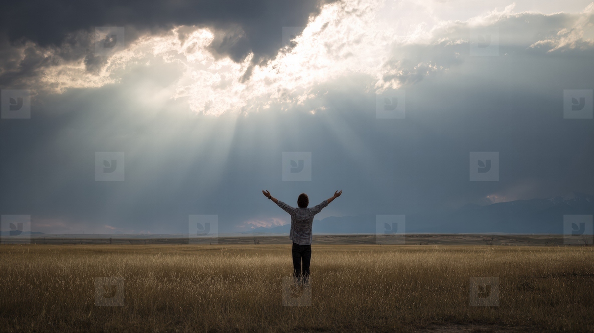 Person stands in wide open field arms raised towards sky expressing joy and freedom under dramatic clouds and sunlight