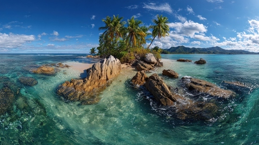 Stunning panoramic view of tropical island coastline featuring clear turquoise waters  rocky formations  and lush palm trees