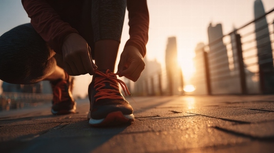 Person ties shoelaces on running shoes during early morning light  preparing for refreshing run in urban setting