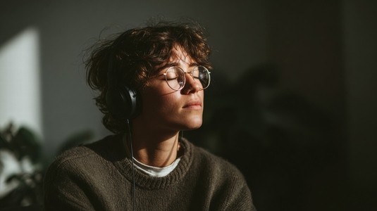 Calm person enjoying soothing music with headphones  eyes closed  in serene indoor setting  surrounded by soft light