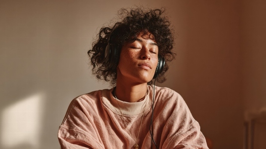 Person enjoying calming music with headphones  relaxed expression  cozy atmosphere  soft lighting  indoor setting