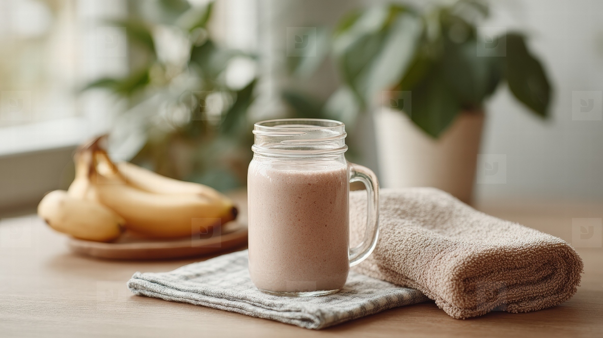 High protein smoothie in glass jar with bananas and towel on wooden table surrounded by plants creating healthy atmosphere
