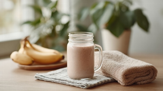 High protein smoothie in glass jar with bananas and towel on wooden table  surrounded by plants  creating healthy atmosphere