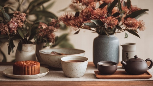 Beautiful display of mooncake  tea set  and floral arrangements creates serene atmosphere for Mid Autumn Festival celebrations
