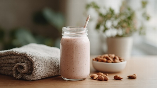 High protein smoothie in glass jar with almonds and towel  perfect for fitness enthusiasts  Enjoy healthy lifestyle