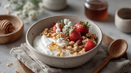 Delicious Greek yogurt bowl topped with fresh strawberries  granola  and honey  perfect for healthy breakfast or snack