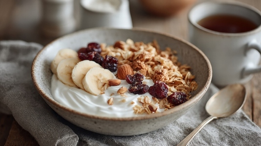 Delicious Greek yogurt bowl topped with nuts  granola  and fresh banana slices  perfect for healthy breakfast