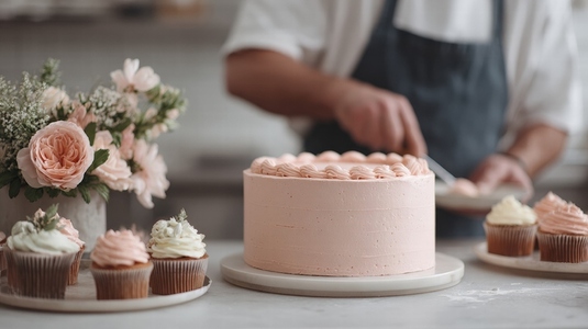 Baker decorates pink frosted cake with precision  surrounded by cupcakes and fresh flowers  creating delightful atmosphere