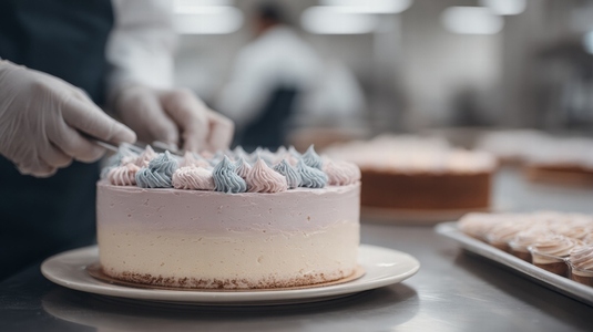 Baker decorates cake with colorful icing  showcasing skill and creativity in professional kitchen