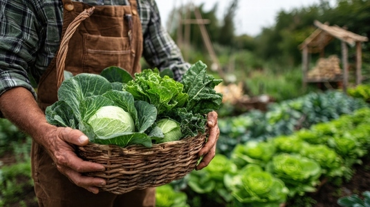 Harvesting fresh organic vegetables  farmer holds basket filled with vibrant greens  showcasing beauty of sustainable