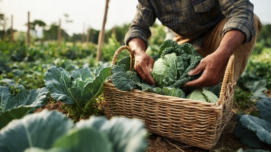 Harvesting fresh organic vegetables brings joy and satisfaction to farmers in lush green fields Harvesting fresh organic vegetables brings joy and satisfaction to farmers in lush green fields