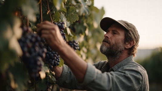 Harvesting fresh grapes in vineyard  farmer carefully selects ripe fruit  showcasing dedication and connection to nature