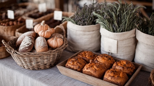 Freshly baked goods and seasonal produce create warm atmosphere at farmers market showcasing artisanal bread and herbs Freshly baked goods and seasonal produce create warm atmosphere at farmers market showcasing artisanal bread and herbs