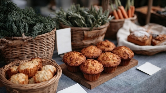 Freshly baked muffins and seasonal vegetables displayed at farmers market  creating warm and inviting atmosphere