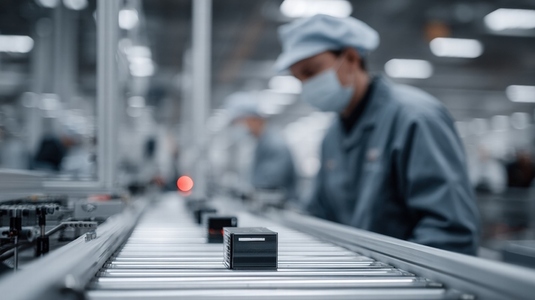 Efficient factory assembly line producing clean technology components with workers protective gear  showcasing modern