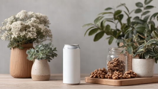 Clean  minimalist scene featuring blank beverage can surrounded by various plants and natural elements  evoking sense