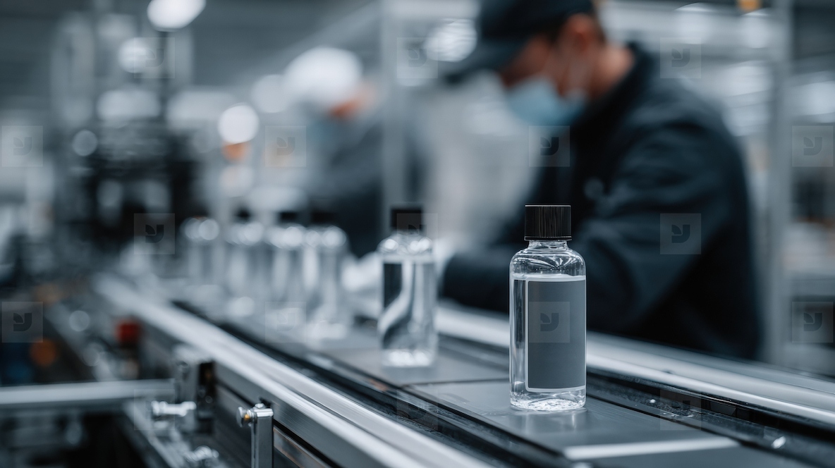 High tech factory assembly line producing clear liquid in bottles showcasing modern manufacturing processes and efficiency