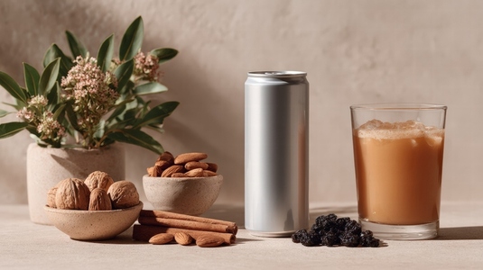 Refreshing beverage with clean ingredients  surrounded by nuts  spices  and plant  evokes sense of natural wellness