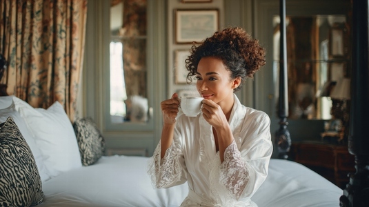 Elegant woman sipping coffee in boutique hotel enjoying moment of relaxation and comfort Elegant woman sipping coffee in boutique hotel enjoying moment of relaxation and comfort