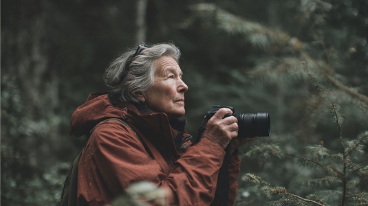 Elderly woman capturing nature with camera in forest showcasing her passion for photography and wildlife Elderly woman capturing nature with camera in forest showcasing her passion for photography and wildlife