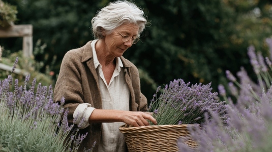 Elderly woman harvesting lavender in garden  surrounded by blooming flowers  showcasing peaceful and serene atmosphere