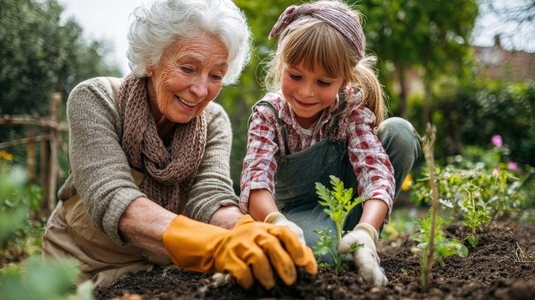 Elderly woman and young child gardening together  sharing joy and learning in vibrant garden