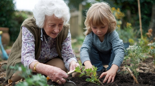 Elderly woman and young child gardening together enjoying nature and bonding over planting flowers and vegetables Elderly woman and young child gardening together enjoying nature and bonding over planting flowers and vegetables