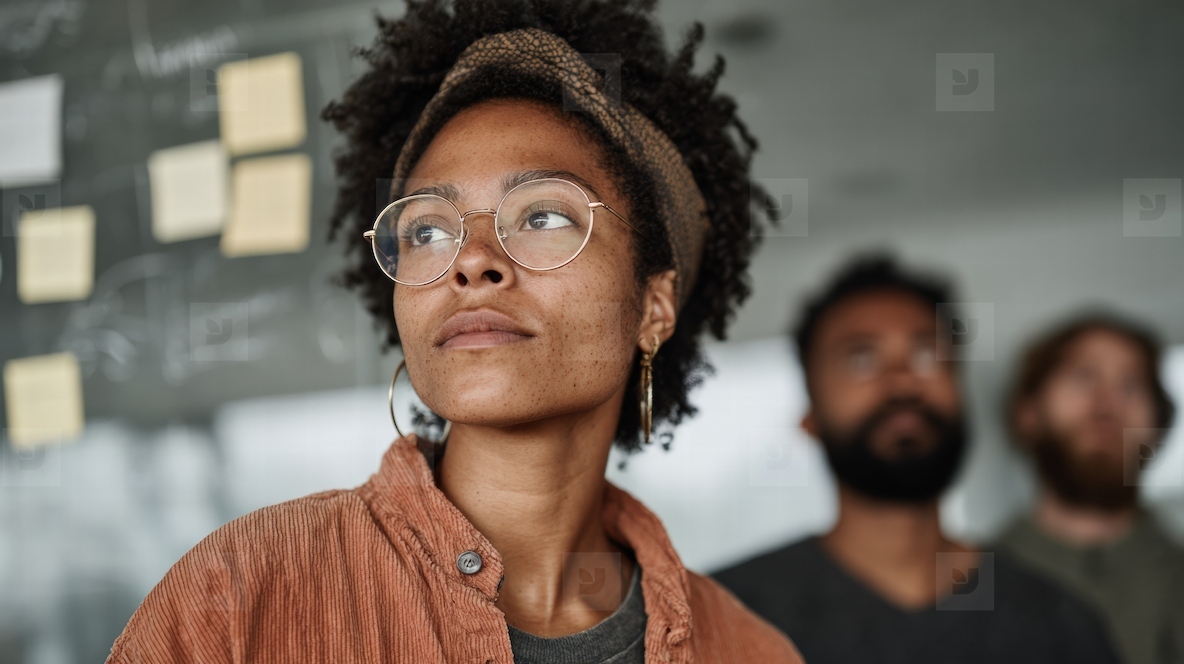 Diverse team brainstorming with sticky notes  focused expressions  collaboration  creativity  problem solving  teamwork