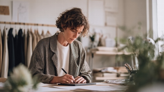 Designer sketching fashion concepts on digital tablet in stylish studio  showcasing creativity and focus