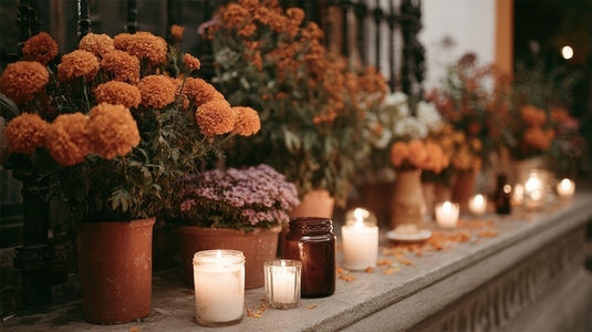 Colorful flowers and candles adorn Day of Dead altar creating vibrant and festive atmosphere warm glow of candles Colorful flowers and candles adorn Day of Dead altar creating vibrant and festive atmosphere warm glow of candles