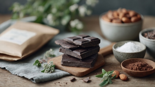 Delicious dark chocolate stacked wooden board  surrounded by nuts  cocoa powder  and natural ingredients  evokes sense