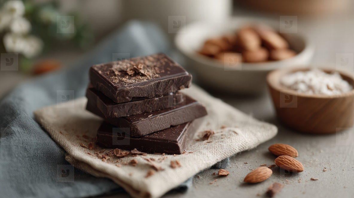 Delicious dark chocolate stacked on linen cloth surrounded by almonds and sea salt creating cozy and inviting atmosphere