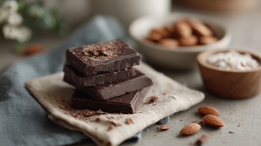 Delicious dark chocolate stacked on linen cloth  surrounded by almonds and sea salt  creating cozy and inviting atmosphere