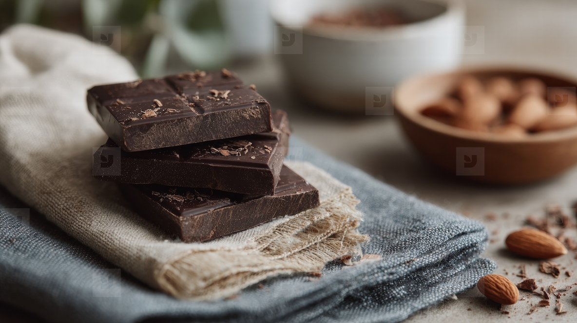 Delicious dark chocolate stacked on textured cloth surrounded by almonds and cocoa creating cozy atmosphere