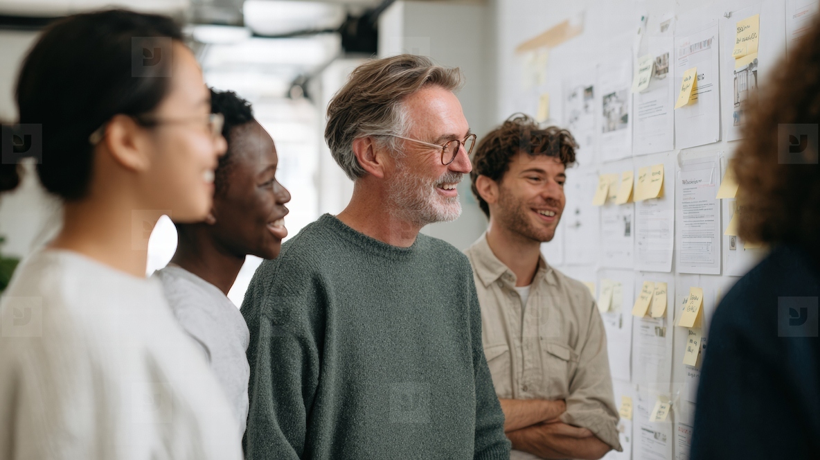 Creative brainstorming session with diverse team members engaging with sticky notes on wall sharing ideas and collaborating