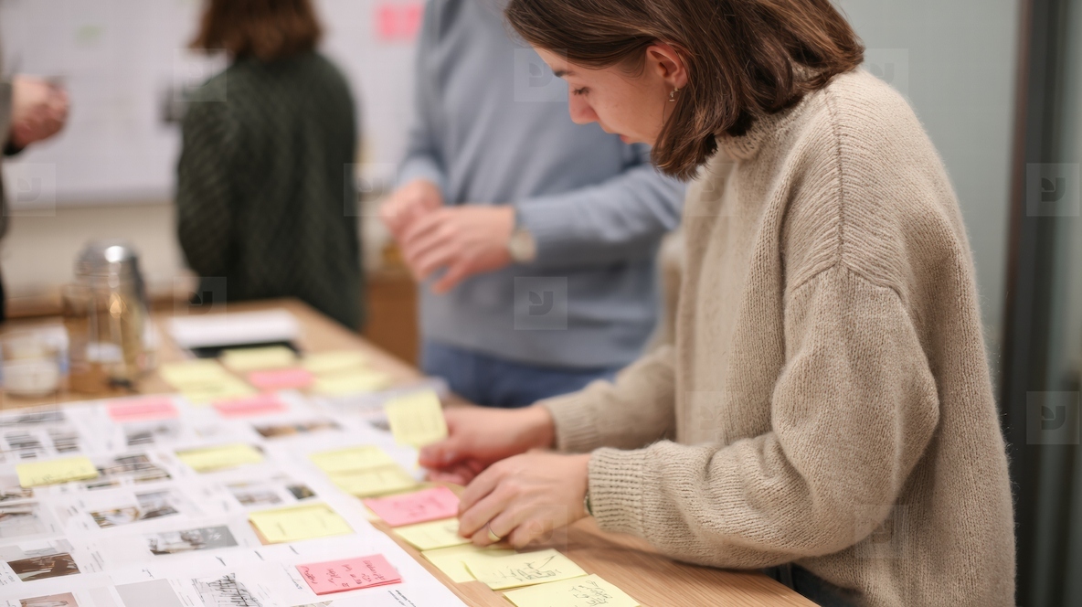 Creative brainstorming session with sticky notes collaboration team work planning ideas innovation design process