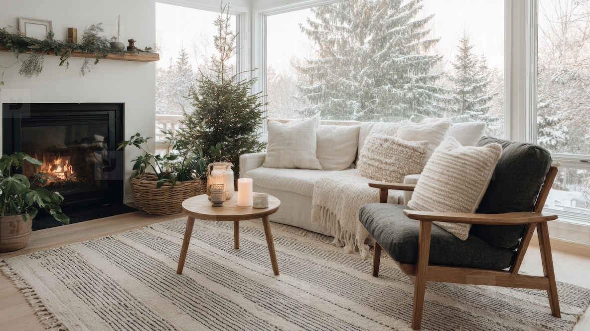 Cozy winter living room with fireplace  soft cushions  and snowy view  creating warm and inviting atmosphere