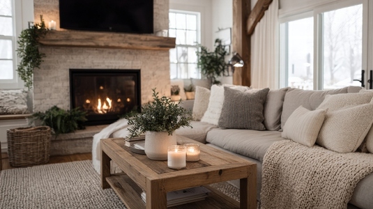 Cozy winter living room with fireplace  soft sofa  candles  and natural decor creates warm atmosphere
